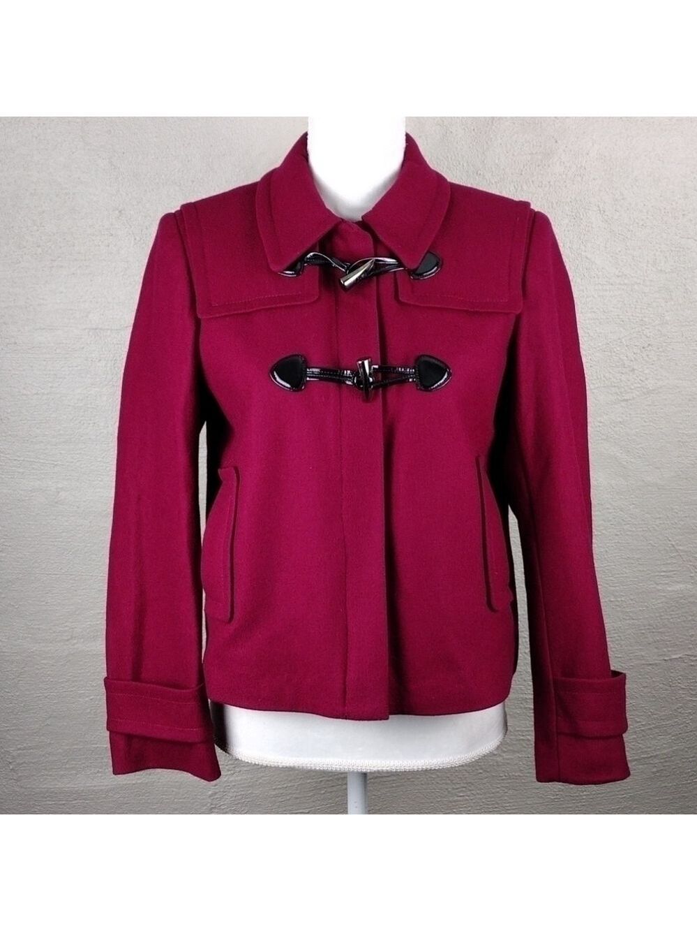 Calvin Klein Berry Wool Pointed Collar Long Cuffed Sleeve Toggle Zip Up Coat - Picture 2 of 15